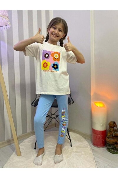 Mnk Baby&Kids Дівчачий 3D літній комплект з квітковим мотивом і лосинами M00713 СИНІЙ