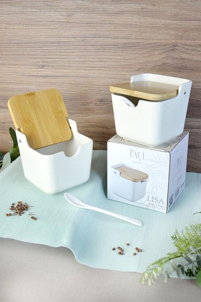 Bayev Lisa Bamboo Lid Porcelain Spice Bowl with Spoon 101695