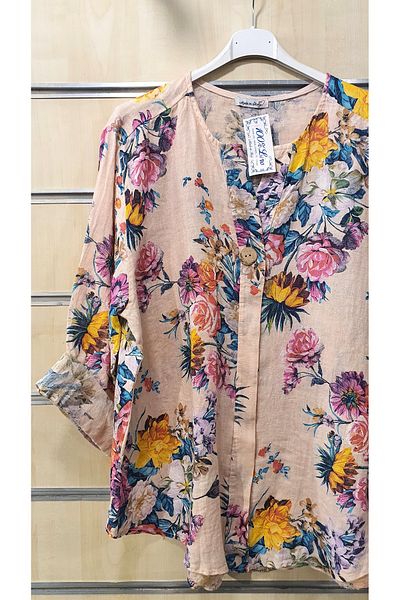 Park Moda Ιταλική λινή μπλούζα με μοτίβο τριαντάφυλλο με λεπτομέρεια με κουμπί