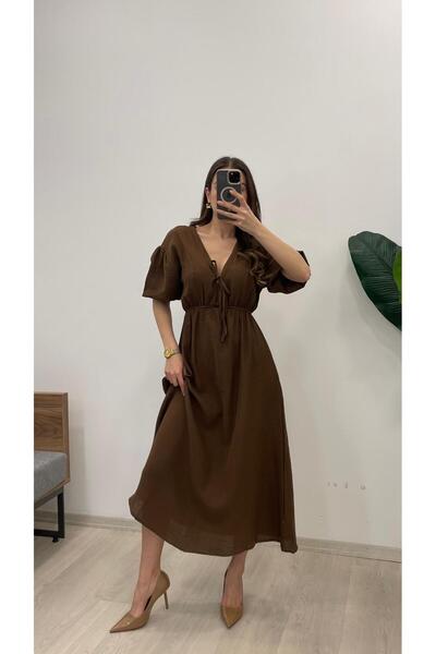 Nazline Γυναικείο γιακά με κορδόνι με λαιμόκοψη V με ελαστική μέση μανίκι στόμα ελαστικό μανίκι μπαλόνι μακρύ φόρεμα