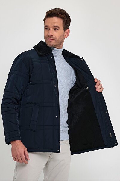 SİVAİST Men's Navy Blue Standard Fit Regular Cut Fur Detachable Collar with Snap Detail Zipper Inside Cure