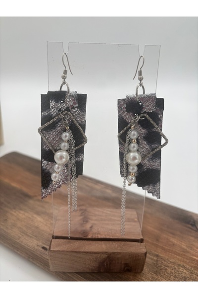 AGG TASARIM Leather Black Silver Pearl Special Design Earrings