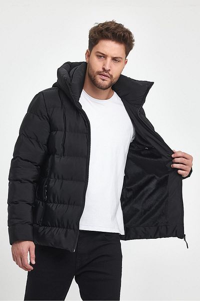 SİVAİST Men's Black Water and Windproof Fixed Hooded Fluffy Collar Thick Fur Lined Down Jacket & Coat