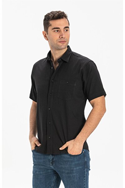 Eliş Şile Bezi Чоловіча літня сорочка з коротким рукавом з тканини з однією кишенею чорний 3003