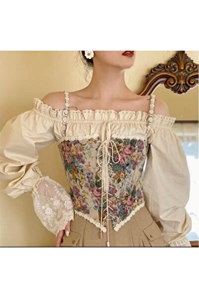 HERA BELLA Vintage Off Shoulder, Ελαστική μέση, Crop, Πουκάμισο εποχής