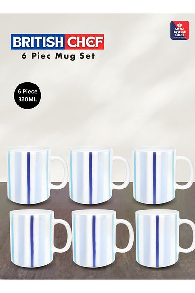 British Chef 6 Piece Opalware Blue Strip Plano Tea & Coffee Mug Set 320ml, Microwave & Dishwasher Safe Bc2031
