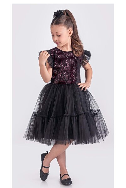 Mnk Baby&Kids Pul Payet Katkat Tütü Etekli Kız Çocuk Elbise M00722 SİYAH - FUŞYA