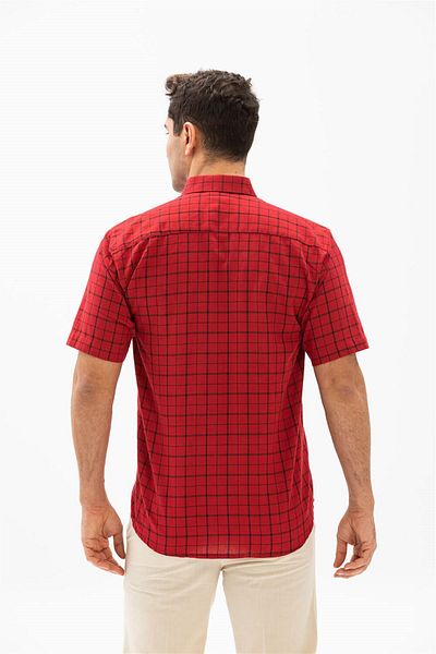 Eliş Şile Bezi Large Size Short Sleeve Shile Cloth Single Pocket Men's Summer Shirt Red Checkered 3056