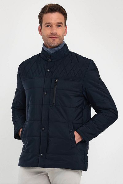 SİVAİST Men's Navy Blue Standard Fit Regular Cut Furry Stand Collar Snap Detail Zippered Winter Coat