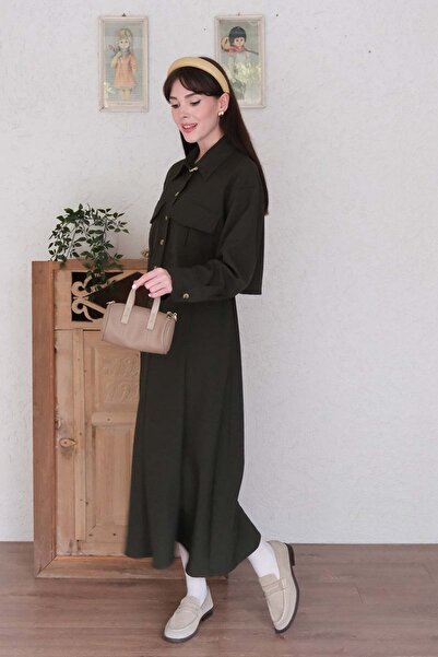 Ceylan Otantik Khaki Polyviscon Pocket Jacket Skirt Set
