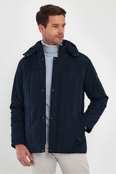 SİVAİST Men's Navy Blue Standard Fit Normal Cut Hooded Stand-Up Collar Coat