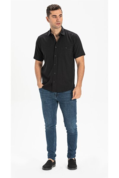 Eliş Şile Bezi Ανδρικό καλοκαιρινό πουκάμισο με κοντό μανίκι Şile υφασμάτινο μονό τσεπάκι μαύρο 3003