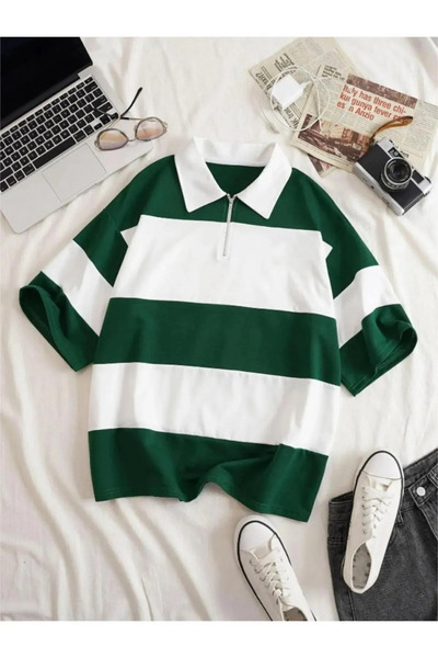 Marjill Unisex Green White Polo Neck Half Zipper T-Shirt