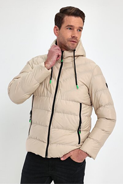 SİVAİST Men's Cream Standard Fit Normal Cut Furry Fixed Hooded Stand-up Collar Coat