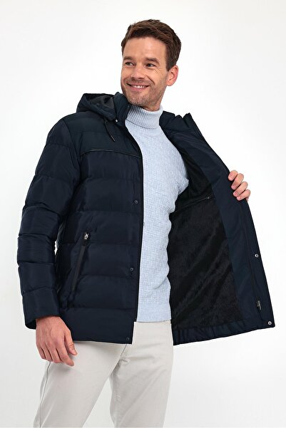 SİVAİST Men's Navy Blue Standard Fit Normal Cut Hooded Stand-up Collar Coat with Fur Inside