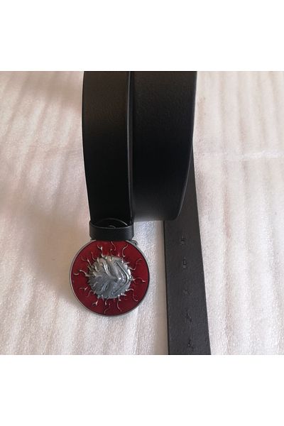 Butik Tülin Unisex Authentic Genuine Cowhide Leather Black Silver Red with Melting Glass Sun Cowboy Buckle Belt Thailand