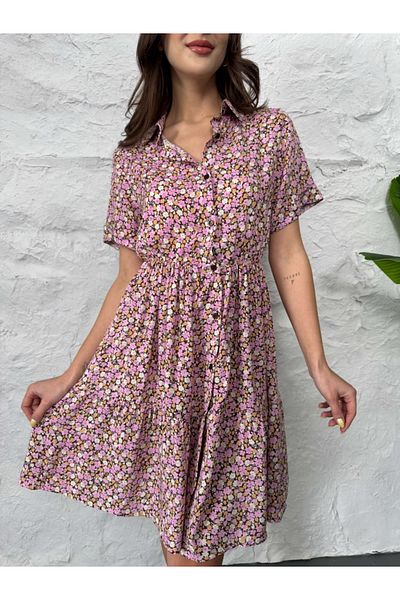 Elif Özbey Butik Pink Crispy Floral Elastic Waist Dress