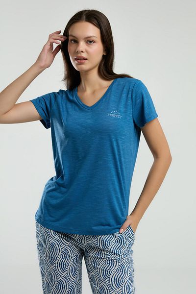 Arnetta Women's Single Jersey Woven Summer Pajama Set, V-Neck, Short Sleeve Pocket Detail
