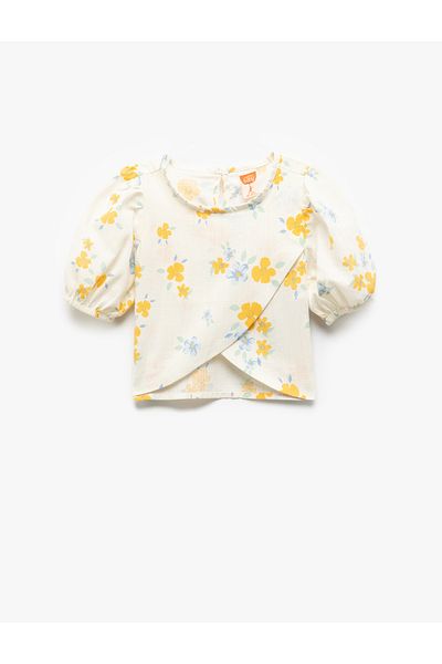 Koton Floral Μπλούζα Ασύμμετρη Κοπή Μπαλόνι Μανίκι Στρογγυλή λαιμόκοψη