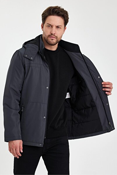 SİVAİST Сиво дебело кожено палто - с подвижна качулка и цип, устойчиво на вятър и вода