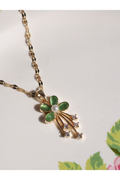 Reorah Collection Green Flower Steel Necklace-Green Flower Clover Steel Necklace