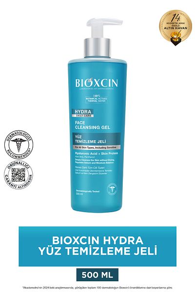 Bioxcin Hydra Facial Cleansing Gel 500ml - Dry and Sensitive Skin for Hyaluronic Acid, Aloe Vera, Panthenol