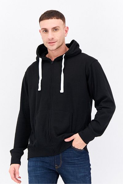 fleece factory Men Hooded Long Sleeves Solid Full Zip Sweatshirt, Black