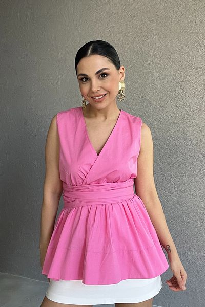 Seda Yalçın Atelier Μπλούζα μάρκας με λεπτομέρεια με ροζ μηδενικό μανίκι από ποπλίνα