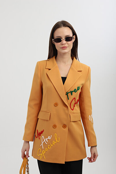 Milamia Jachetă portocalie cu două rânduri de nasturi cu broderie cu nasturi ...