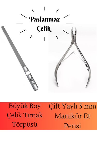 Grau 5 mm Manikür Pensi ve Büyük Çelik Törpü Seti - Paslanmaz Çelik