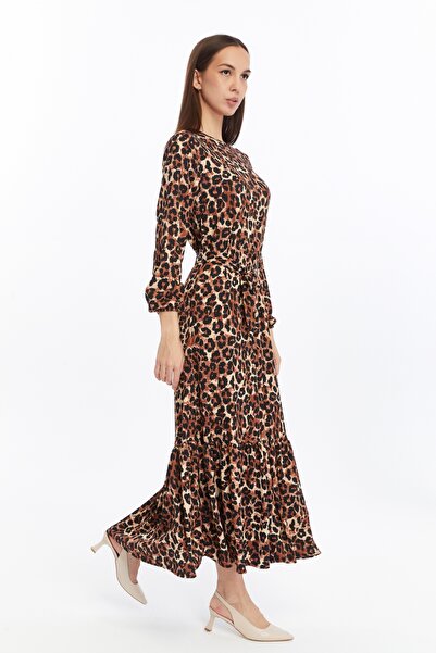 CNR TEKSTİL Women's Leopard Print Ruffle Long Dress