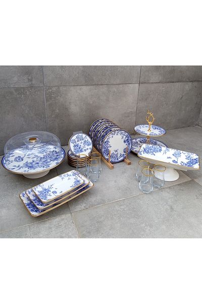Pinkev Ceramic Cake Presentation Plate Set with 26 Piece Tea Set