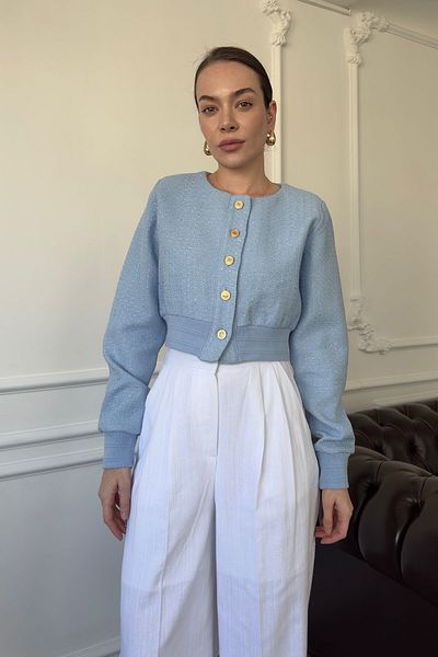 MAGARDE Jachetă bomber cu nervuri cu mâneci din tweed - ALBASTRU