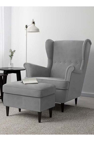 House One 2 Pieces | Chair king Velvet with Two Wings And FootStool - Gray