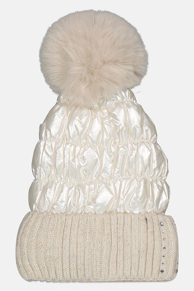 Justin Gregory Women Pom Pom Puffer Beanie, Ivory
