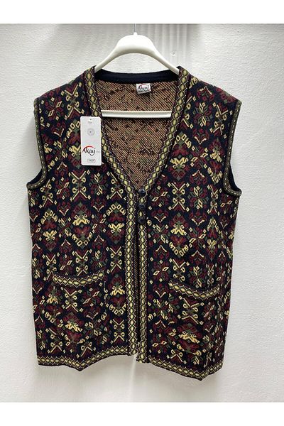 Akay Ethnic Kilim Pattern Knitwear Wide Fit Pocket Buttoned Women's Mother Kilim Vest