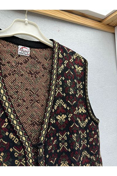 Akay Ethnic Kilim Pattern Knitwear Wide Fit Pocket Buttoned Women's Mother Kilim Vest
