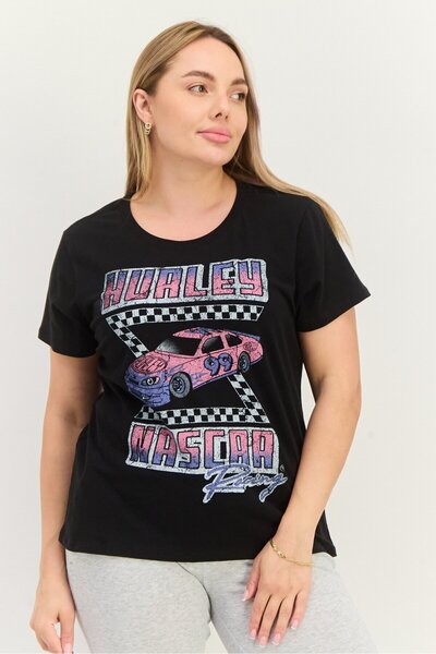 Nascar x Hurley تي شيرت رياضي نسائي بأكمام قصيرة للتدريب، أسود