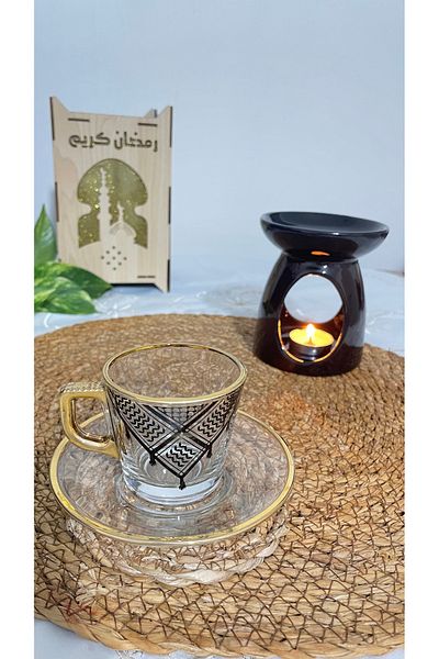 Zaytoon Turkish Coffee Cup Set - 12 Pieces Palestine Kefiyesi Embroidered Yellow and Black T00002