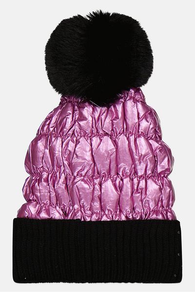 Justin Gregory Women Studded Puffer Beanie With Pom, Black