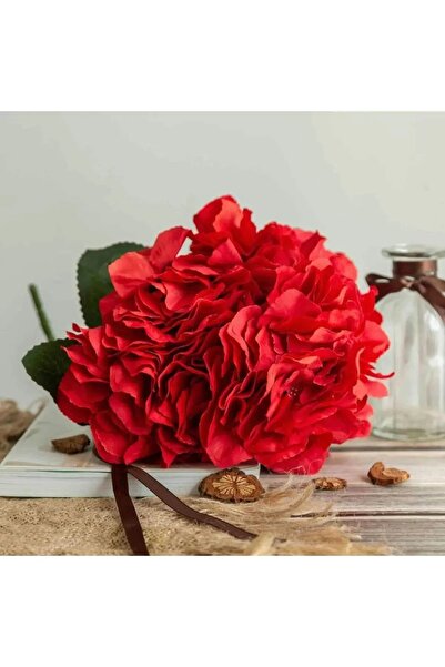 YASİMA Kırmızı Yapay Ortanca 5 Dallı Vazo Saksı Dekor Çiçeği