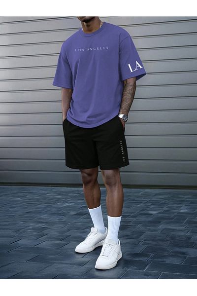 MODASHOT Men's Unisex T-Shirt and Shorts Set - Cotton - Los Angeles Printed Tshirt - Oversize