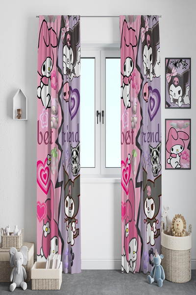 BelezaHome Pink Purple Kuromi Themed 2 Wing Background Curtain