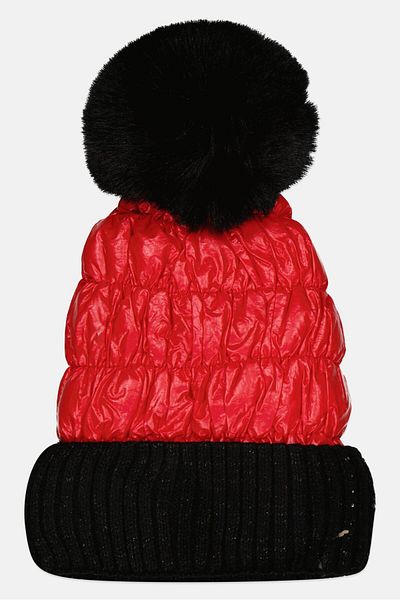 Justin Gregory Women Pom Pom Puffer Beanie, Red