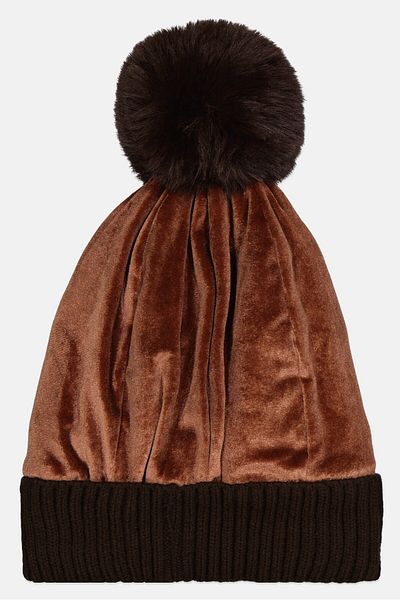 Justin Gregory Women Pom Pom Velvet Knitted Beanie, Dark Brown