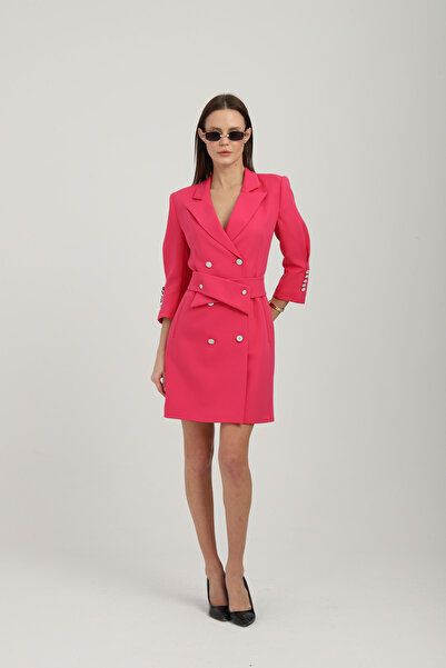 Genel Markalar Kruvaze Çıkarılabilir Kemerli Uzun Fuşya Ceket