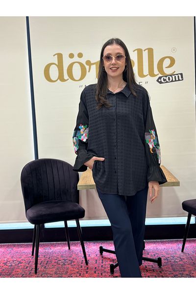 AYHAN Cămașă cu nasturi în față cu model, mâneci elastice și detalii de broderie