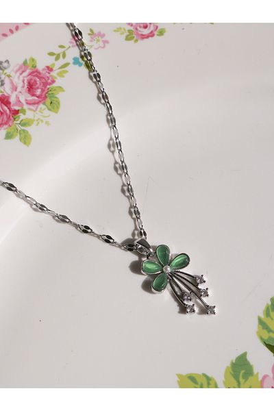 Reorah Collection Green Flower Steel Necklace-Green Flower Clover Steel Necklace