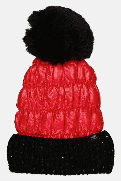 Justin Gregory Women Pom Pom Puffer Beanie, Red