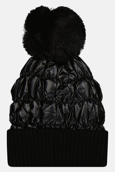 Justin Gregory Women Studded Puffer Beanie With Pom, Black